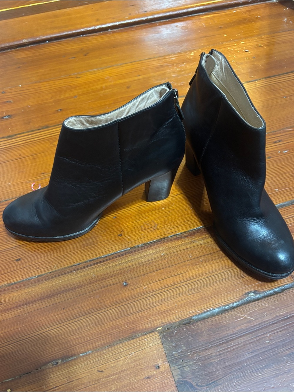 Lands' End Black Leather Ankle Booties with Block Heel W 7.5
